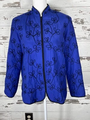 Chaqueta CHICO'S DESIGN 100% Seda Bordada Cremallera Estilo Mandarín Azul Real S Usada en Excelente Condición Foto 1 de 4