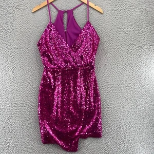 Lulus Vestito Donna Extra Small Hilaria Fucsia Paillettes Bodycon Surplice Mini Party - Foto 1 di 12