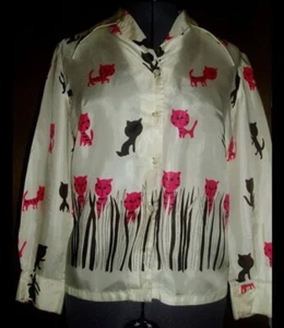 Vintage 50s 60s Italy Novelty Kitties Cats Pink and Brown Print Blouse M-L - Picture 1 of 6
