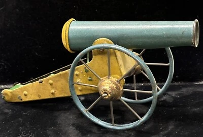 Canhão de artilharia antigo vintage atirador de cortiça brinquedo de estanho de metal colorido limpo - Imagem 1 de 4