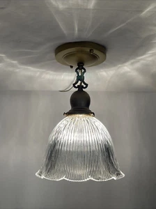 REWIRED Antique Vtg Victorian Art Deco Flush Mount Ceiling Light Holophane Glass - Picture 1 of 24