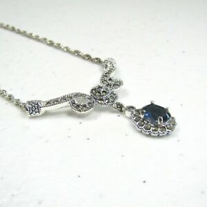 Stunning Faceted Blue Glass Stone Necklace Marcasite Silver-tone Adjustable