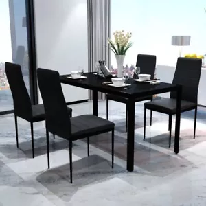 Dining Table And Chairs Set Tempered Glass Tabletop Padded Seat Chair Black - Picture 1 of 6