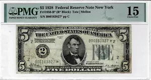 1928 $5 Federal Reserve*STAR*note-fr.1950-B*--PMG 15--Scarce 1 of 11 - Picture 1 of 6