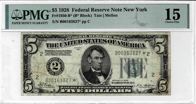 1928 $5 Federal Reserve*STAR*note-fr.1950-B*--PMG 15--Scarce 1 of 11 - Image 1 of 4
