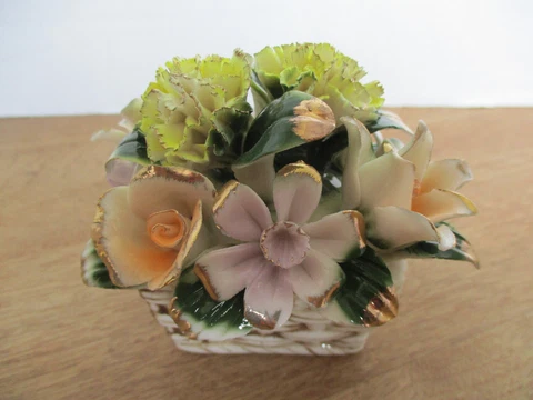 Vintage Capodimonte Porcelain Floral Basket with Gold Accents 3-1/2"H x 4" Wide Cover