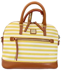 Dooney Bourke Sullivan Striped Yellow White & Leather Domed Satchel Handbag - Picture 1 of 18