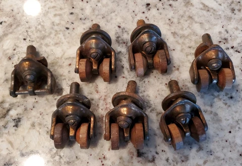 5 Antique Swivel Casters, Walnut Wood Double Wheels Patented + 2 for parts Cover