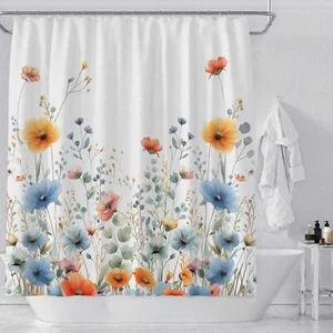Watercolor Floral Shower Curtain 72" W x 72" H - Blue Flower Cluster Bathroom... - Picture 1 of 8