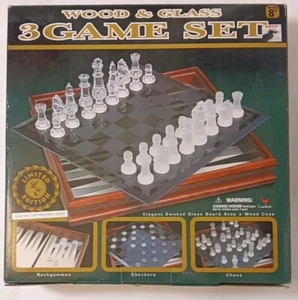 Chess Checkers Backgammon 3 in 1 Game Set Wood & Glass Tabletop Game Complete - Picture 1 of 4