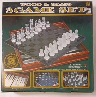 Chess Checkers Backgammon 3 in 1 Game Set Wood & Glass Tabletop Game Complete - Image 1 of 4