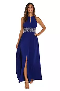 R&M Richards Royal Blue Beaded Evening Gown Womens Size 12 Front Slit Empire - Picture 1 of 13