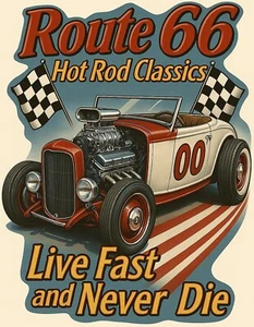 Route 66 Hot Rod Iron On Transfer For T-Shirt + Other Light & Dark Fabrics #15 - Picture 1 of 4
