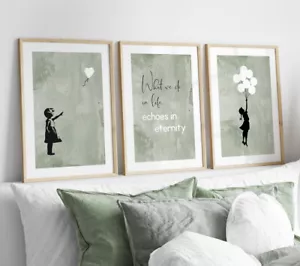 Set of 3 Banksy Heart Balloon Girl Wall Art Posters Quote Prints Pictures Green - Picture 1 of 6