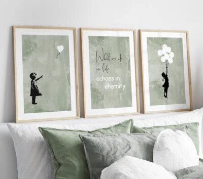 Set of 3 Banksy Heart Balloon Girl Wall Art Posters Quote Prints Pictures Green - Image 1 of 4