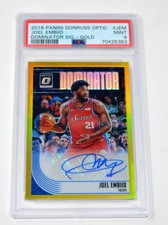 JOEL EMBIID 2018-19 PANINI DONRUSS OPTIC DOMINATOR GOLD PRIZM AUTO PSA 9 MNT /10