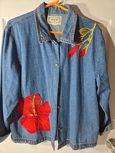 Bestickte Mohnblumen Denim Knopfleiste Jacke XL Wutanfälle Vintage Boho Bauer  - Bild 1 von 5