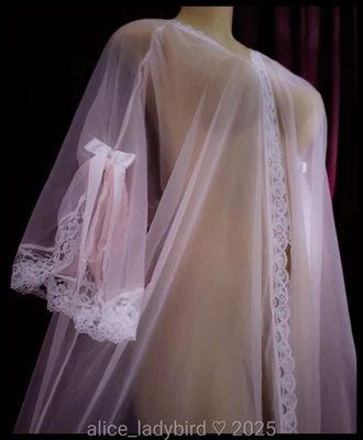 Vintage CHIFFON Peignoir GOWN Babydoll Kimono PINK Jacket Robe Satin Bow ~XL  - Image 1 of 4