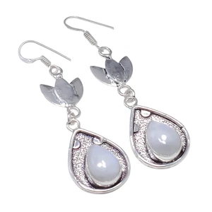 Moonstone Gemstone Handmade Dangle Earring 925 Sterling Silver Jewelry - Picture 1 of 7