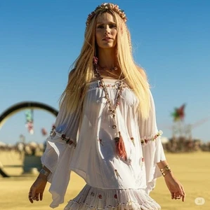 Weiße skurrile Boho Blumenstickerei Glockenärmel Schulterfreie Bluse Gr. M - Bild 1 von 17