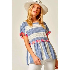 Andree By Unit Top Womens 1X Babydoll Peplum Cabana Stripe Tassel Fringe Cotton - Picture 1 of 7