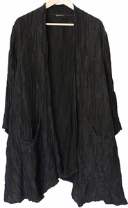 GRIZAS Silk Linen OPEN ASYMMETRICAL CARDI JACKET Longline Crinkle Pleat L Black - Picture 1 of 4