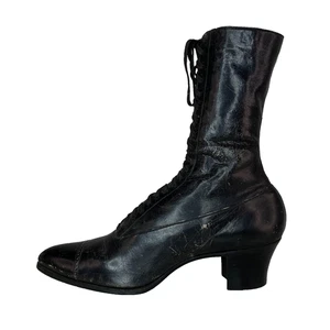 Antike schwarze viktorianische Schuhe um 1800 7 Schnürstiefel Booties Echtleder - Bild 1 von 20