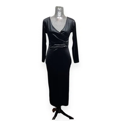Velvet Wrap Bodycon Midi Dress Medium Long Sleeve Formal Cocktail Glam Evening - Image 1 of 4