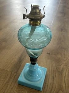 Vtg / Antique Blue Milk Glass Base Floral Etched Glass Oil Lamp - Picture 1 of 9