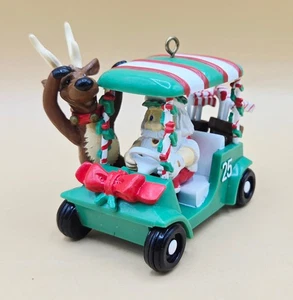 Vintage 1989 Fore! Golfcart mit Weihnachtsmann & Rentier drehbares Ornament Noma Ornamotion EC - Bild 1 von 23