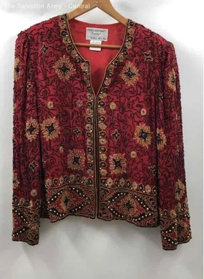 Adrianna Papell Womens Pink Long Sleeve Silk Beaded Evening Jacket Size 16 - Image 1 of 4