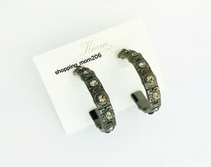 Lia Sophia Kiam Family "Jenny" Hematite Tone w/Cut Crystals Hoop Earrings - Picture 1 of 3