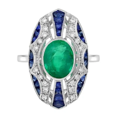 18K Gold Natural 2.20 Ct. Emerald  Sapphire Diamond  Art Deco Style Dinner Ring - Изображение 1 из 4