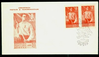 1950 Labor Day,Oil derrick,Medal,Worker,Flag,Romania,1208+1209,Perf.+IMPERF,FDC - Image 1 of 2