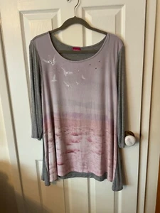 UK 16, GREY,PINK, LILAC tunic, birds,sequins, shark-bite hem, back plain.Unworn - Picture 1 of 3