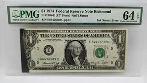 1974 $1 Federal Reserve Note Richmond PMG 64 EPQ - Ink Smear Error - Picture 1 of 5