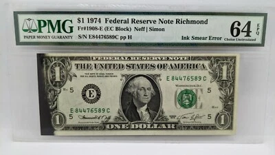 1974 $1 Federal Reserve Note Richmond PMG 64 EPQ - Ink Smear Error - Image 1 of 4