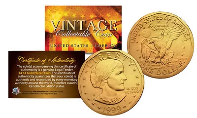 Susan B. Anthony U.S. $1 Dollar Coin Genuine 24K GOLD PLATED with Capsule & COA - Image 1 of 3