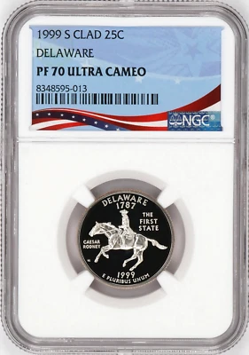 1999-S Proof State Quarter, Delaware,  PF70 Ultra Cameo NGC, Patriotic Label - Image 1 of 4
