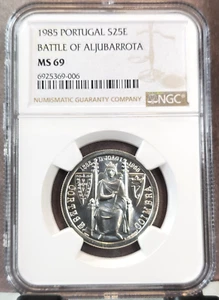 1985 PORTUGAL SILVER 25 ESCUDOS BATTLE OF ALJUBARROTA NGC MS 69 RARE TOP POP - Picture 1 of 3
