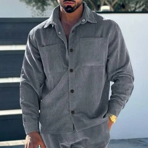 Coat Button Down Cardigan Casual Blouse Corduroy Lapel Long Sleeve Men Shirts - Picture 1 of 58