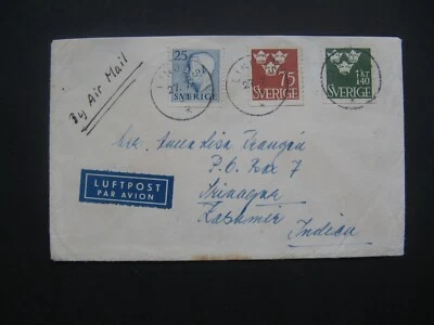 SWEDEN, cover  1952 to India, ao 0,75 +1,40 Kr, three crowns tre kronor - Image 1 of 2