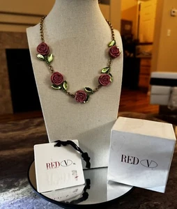 NEW Red Valentino Garavani Gold Pink Rosette Rose Rhinestone Designer Necklace - Picture 1 of 8