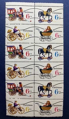 BLURRY VARIATION 1970 PRECANCELLED CHRISTMAS TOYS PANEL OF 12 STAMPS MNH - Image 1 of 4