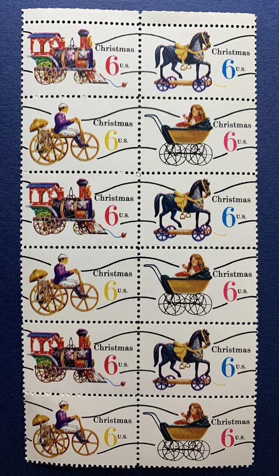 BLURRY VARIATION 1970 PRECANCELLED CHRISTMAS TOYS PANEL OF 12 STAMPS MNH - Image 1 of 4