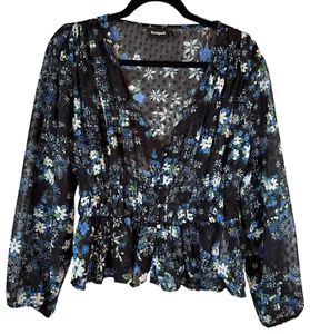 Desigual Blouse Shirt Size Large Rhode Island Black White Floral Sheer V-Neck - Picture 1 of 11