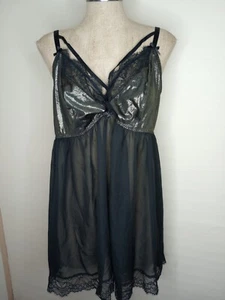 CACIQUE Negligee Lingerie Black Sheer Gold Lame Babydoll Thong Sz 22/24 NWT - Picture 1 of 7