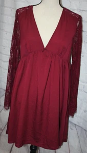 H&M Divided Women's Burgundy V-Neck Dress w/Lace Long Sleeves & Back Size 6 - Picture 1 of 2