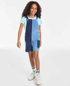 Epic Threads Colorblocked Denim Shortall Big Girls 14 Varsity Wash Button Strap - Picture 1 of 16