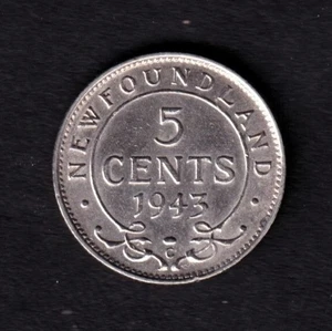 NFLD Newfoundland 1943C 5c Five Cent Silver Coin King George VI .925 AU+ #1 - Picture 1 of 2